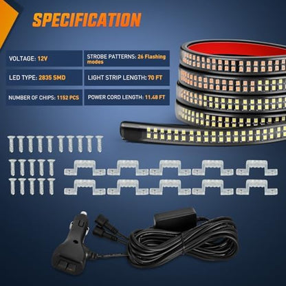Nilight 2PCS 70 Inch Running Board LED Lights Strip Amber White for Truck