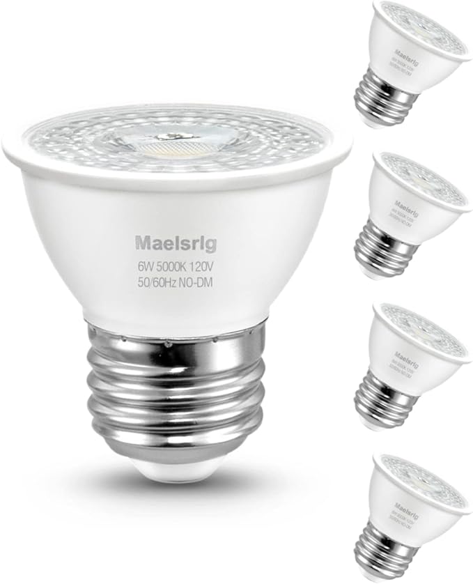 Maelsrlg PAR16 LED Short Neck Recessed Spotlight Bulb, 6W(60W Equivalent) Curio Cabinet Light Bulb, Flicker-Free, 600 Lumens, Daylight 5000K, E26 Medium Base, Non-Dimmable, 4-Pack