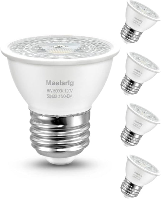 Maelsrlg PAR16 LED Short Neck Recessed Spotlight Bulb, 6W(60W Equivalent) Curio Cabinet Light Bulb, Flicker-Free, 600 Lumens, Daylight 5000K, E26 Medium Base, Non-Dimmable, 4-Pack
