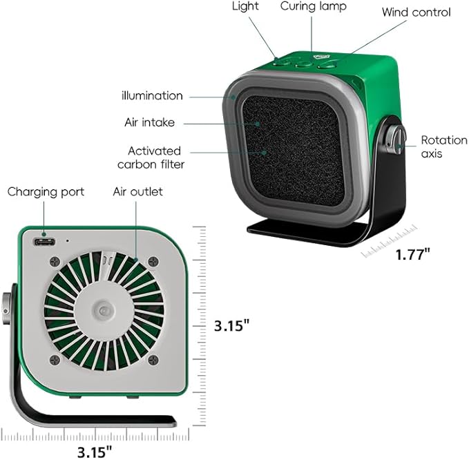 TBK F001 Mini Solder Fume Extractor, Smoke Absorber with 3-Speed 10000RPM Control and Activated Carbon Filter, Type-C Rechargeable, Portable Desktop Smoke Purifier for Soldering, DIY Repair(Green)