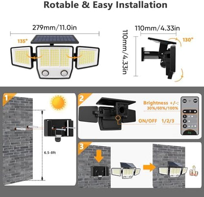MDCMDCM Solar Motion Lights Outdoor Waterproof - 3000LM LED Security Lights Motion Outdoor with Dual PIR, 270° Wide Angle IP65 Solar Flood Lights Outdoor for Yard Garage Patio Fence Garden