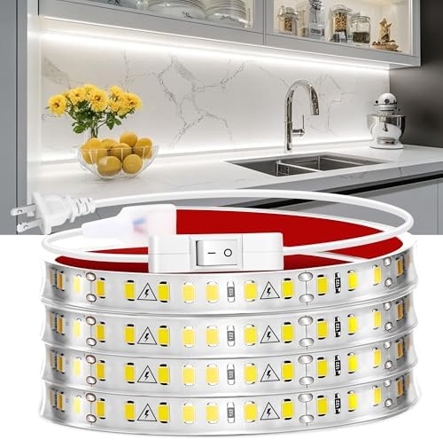 maylit Under Cabinet Strip Lighting Plug in 96in, Ultra Bright Small LED Light Bar, 6000K Cool White, 110V-120V Wired Lights for Kitchen Cabinet, Counter, Workbench, Desk, Closet, Shelf, Indoor