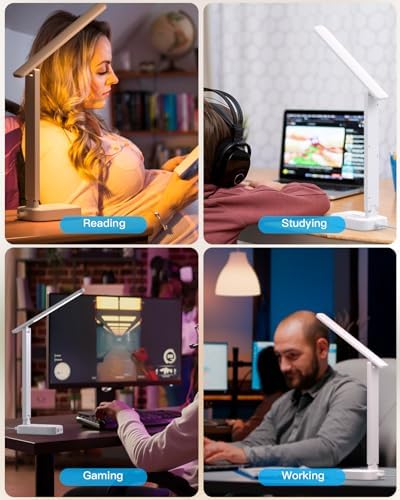 LED Desk Lamp, 10Ft Power Strip with 3 Outlets 4 USB Ports(2 USB C), White