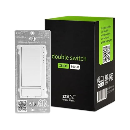 Zooz Z-Wave Long Range Double Switch (White) ZEN30 800LR for Fan and Light Combo (NO Speed Control), Hub Required (Works with Home Assistant, Hubitat, Wink, SmartThings, Z-Box Hub)