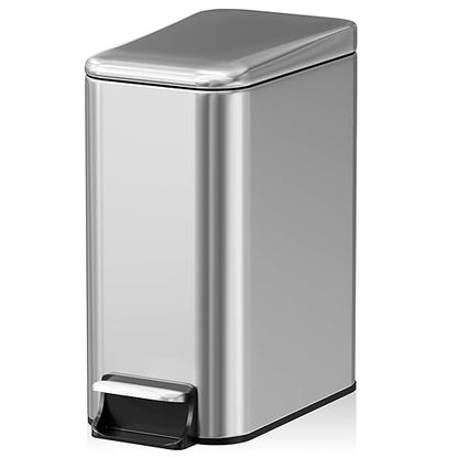 Small Bathroom Trash Can w/Lid Soft Close, 6 Liter/1.6 Gallon Stainless Steel Garbage Can w/Inner Bucket, Trash Bin Waste Basket for Kitchen, Bedroom, Living Room, Office, Toilet, Silver