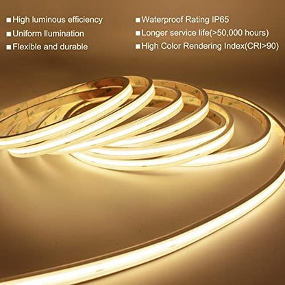 Pandery COB LED Strip Lights,2700K Warm White,24V led Light Strips Waterproof,480LEDs/M,16.4ft/5M,CRI90+ Outdoor cob led,Ip67 Sauna Lights for Sauna Room,Pool,Garden,(Power Not Included)