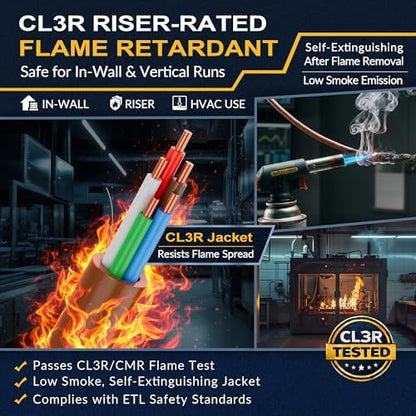 18/5 Thermostat Doorbell HVAC Wire, True Gauge 18 AWG 5 Conductor Solid Copper Control Cable, ETL Listed CL3R/CMR Riser Rated Flame-Retardant, RoHS, for 0-30V Low Voltage Systems - 75FT