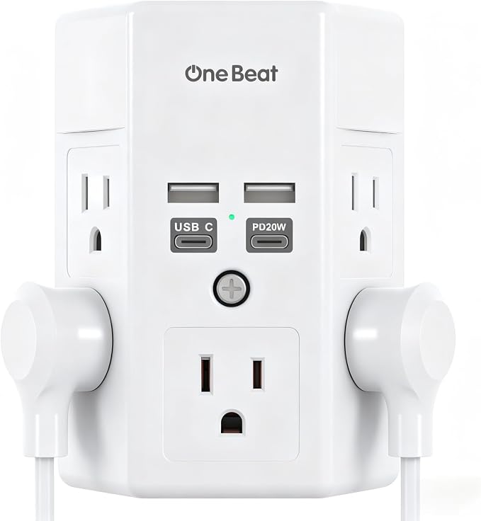 One Beat Surge Protector Wall Outlet Extender, 5 Outlets & 4 USB Ports (20W USB-C PD), 1680J, 3-Sided Multi Plug Outlet Adapter, Outlet Splitter, Wall Mount, ETL Listed for Home Office Travel-White