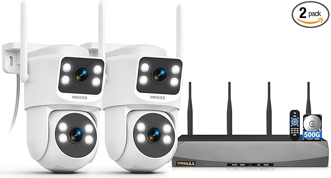 OOSSXX 2K Dual Lens PT Wireless Security Camera System, 2 Cameras in 1, 130° Wide Angle, Long Range WiFi +76%, PIR Human Detection, 2-Way Audio, 16CH NVR, No Monthly Fee
