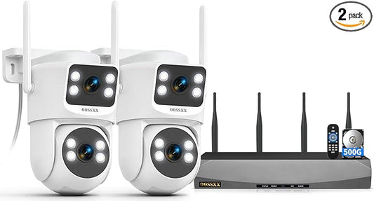 OOSSXX 2K Dual Lens PT Wireless Security Camera System, 2 Cameras in 1, 130° Wide Angle, Long Range WiFi +76%, PIR Human Detection, 2-Way Audio, 16CH NVR, No Monthly Fee