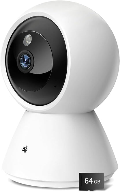 BJR Indoor Security Camera 2K HD, 360° Pan/Tilt Pet Camera with Dual-Band WiFi (5G & 2.4G), Motion Tracking, Color Night Vision, 2-Way Talk, Free 64GB SD Card Included for Home/Baby Monitor