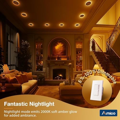 Amico 2 Pack 4 Inch LED Recessed Light with Night Light, 5CCT, Black