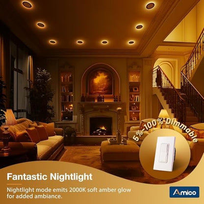 Amico 2 Pack 4 Inch LED Recessed Light with Night Light, 5CCT, Black
