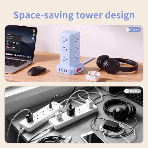 Extension Cord with Multiple Outlets, SMALLRT Power Strip Tower, Outlet Extender with 12 AC Outlets 4 USB, 6.5FT Extension Cord for Home Dorm Room, Office Supplies, Blue