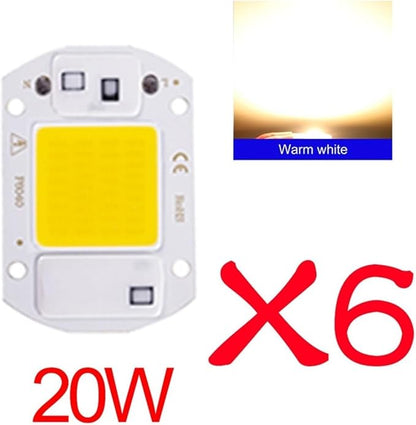 6PCS LED Chip AC 220V F6040 20W/30W/50W COB Lamp Bead Smart IC No Need Driver Outdoor Focus Spotlight Garden DIY Chip Lamp(6PCS 20W Warm White)