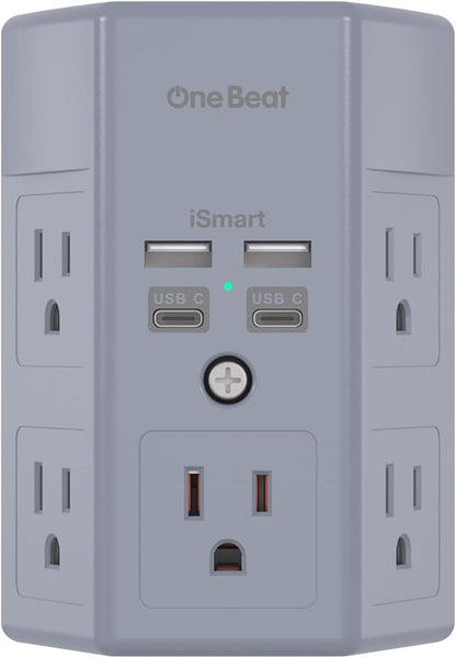 Surge Protector, 5 Outlets Extender with 4 USB Ports(USB C), 3-Side 1680J Power Strip Multi Plug Outlet Expander, USB Wall Charger, Outlet Splitter Adapter Wall Mount for Home Office ETL Listed（Grey）