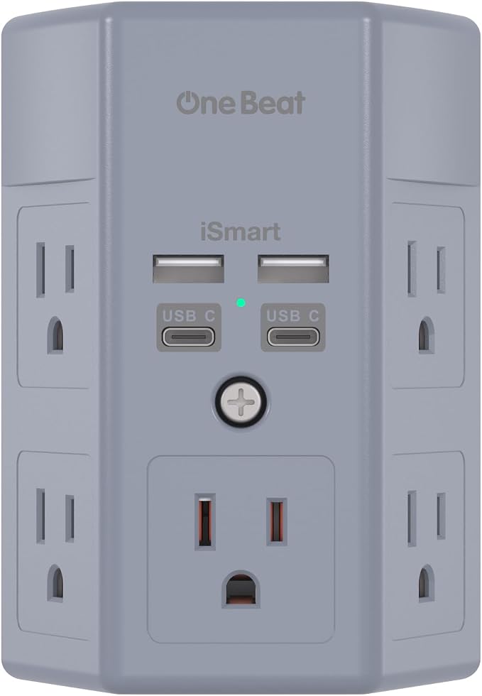 One Beat Surge Protector Wall Outlet Extender, 5 Outlets & 4 USB Ports (2 USB-C), 1680J, 3-Sided Multi Plug Outlet Adapter, Outlet Splitter, Wall Mount, ETL Listed for Home Office Travel-Grey