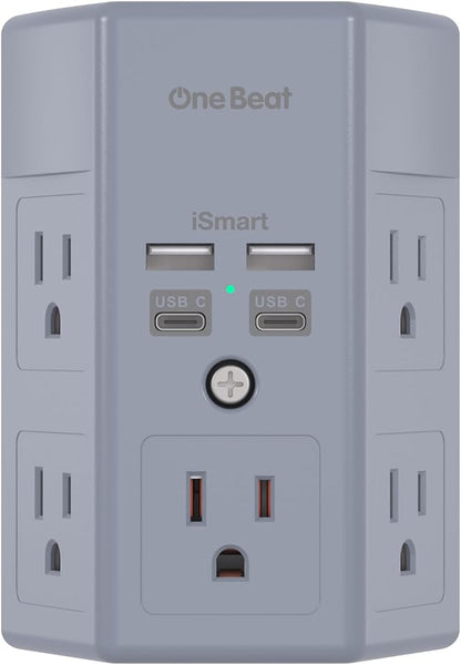 One Beat Surge Protector Wall Outlet Extender, 5 Outlets & 4 USB Ports (2 USB-C), 1680J, 3-Sided Multi Plug Outlet Adapter, Outlet Splitter, Wall Mount, ETL Listed for Home Office Travel-Grey
