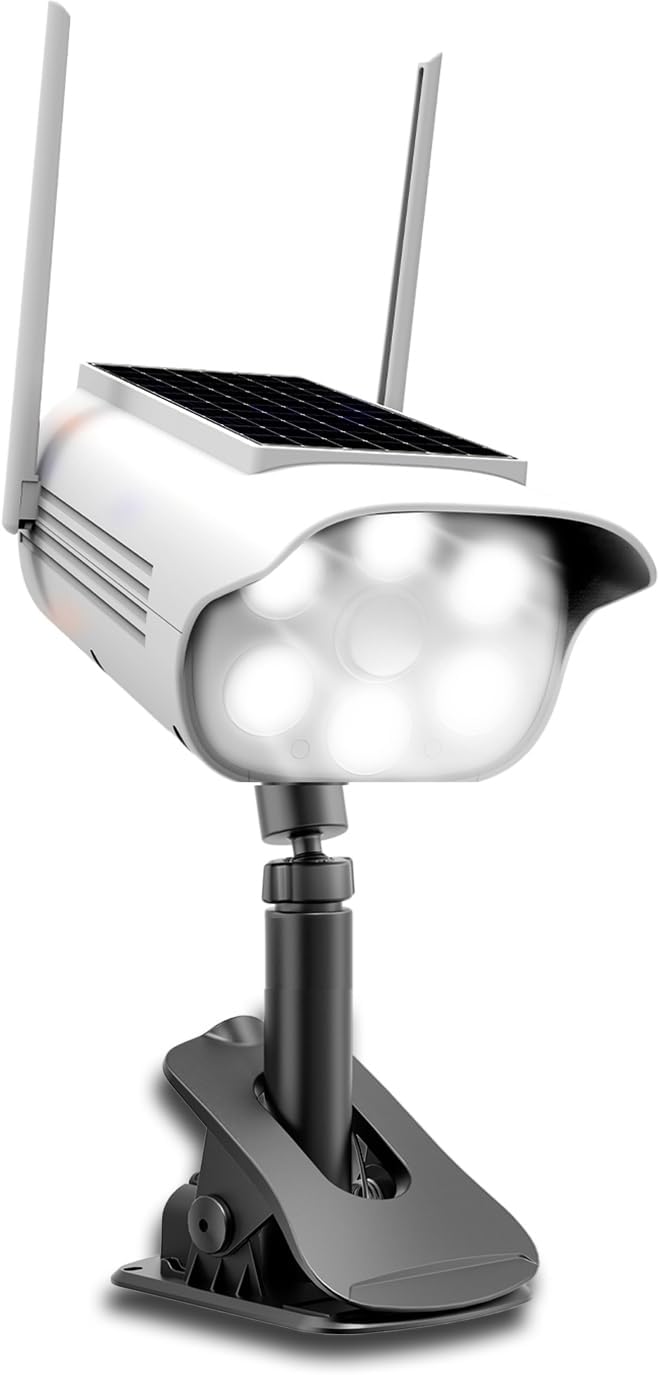 Fake Security Camera Solar Light, Outdoor Dummy Camera Solar Powered Light with 3 Mounts (Magnetic, Clip, Octopus), Easy Install for Eaves, Fence, Wall, Glass & Metal Surfaces