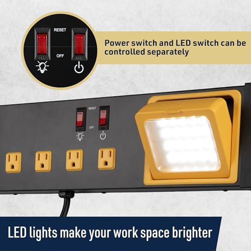 Power Strip with USB Ports and 8 Outlets - UL Listed Metal Power Strip Wall Mount Multi Plug with LED Work Light, 6ft Cord and 15A Circuit Breaker and Overload Protection by Kings County Tools