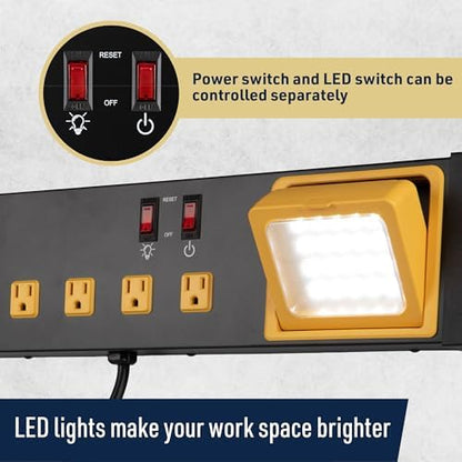 Power Strip with USB Ports and 8 Outlets - UL Listed Metal Power Strip Wall Mount Multi Plug with LED Work Light, 6ft Cord and 15A Circuit Breaker and Overload Protection by Kings County Tools