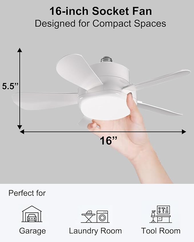 Ligency Smart Socket Fan Light with Remote, 16 inch Small Socket Ceiling Fan Light with RGBW, E26 Screw in Ceiling Light Bulb Fan, 1800Lm, Work with Alexa & Google Assistant for Garage Bedroom, White