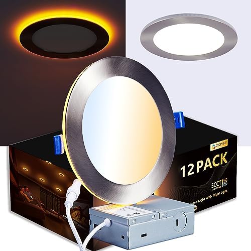 CycevSun Brushed Nickel Recessed Lighting 6 Inch with Night Light, 12 Pack