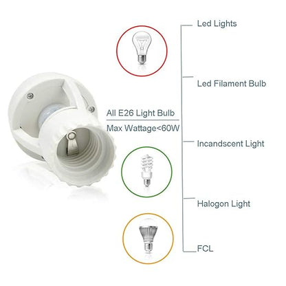 Motion Sensor Light Socket, PIR Motion E26 Screw Bulb Adapter, Adjustable Auto On/Off Night Light Control, Garage Light, for Basement, Pantry Room, Storage Room, Garage Light