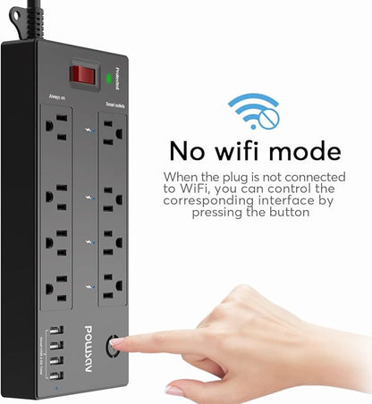 POWSAV 6 Ft WiFi Surge Protector - 8 Outlet Extension Cord with 4 Smart & 4 Always On Outlets, 4 USB Ports, Alexa & Google Home Compatible, Black