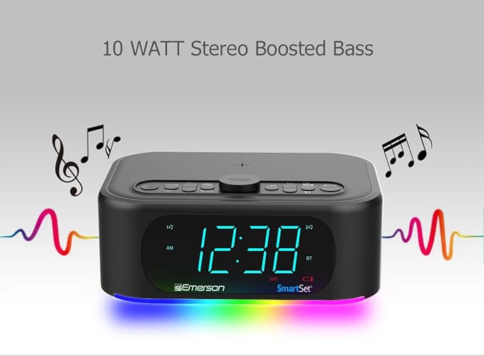 Emerson Smartset 7-Color Bluetooth Speaker - 10W Stereo Sound, 15W Wireless Charging, and LED Lights Changing to Music,Black