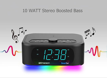 Emerson Smartset 7-Color Bluetooth Speaker - 10W Stereo Sound, 15W Wireless Charging, and LED Lights Changing to Music,Black