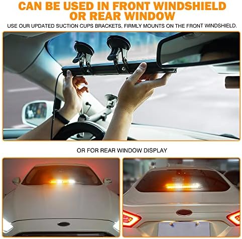 Xprite 16 inch White Amber Emergency Strobe Dash Lights, Interior Windshield Flashing Light w/Suction Cups for Construction Towing Snow Plow Pickup Work Trucks Cars (Aluminum Housing)