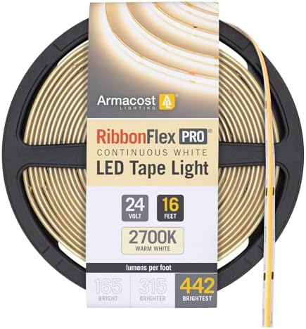 Armacost Lighting RibbonFlex Pro 24V White COB LED Strip Light Tape 2700K, 442 Lumens/Ft, 5M 173130