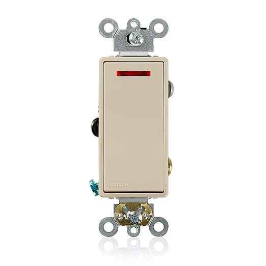 Leviton 20 Amp, 120 Volt, Decora Plus Rocker Pilot Light, Illuminated On, Req. Neutral Single-Pole AC Quiet Switch, Commercial Grade, Self Grounding, 5628-2I, Ivory