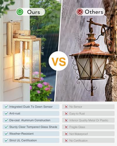 VIANIS Gold Outdoor Wall Light Dusk to Dawn Sensor, Anti-Rust, Waterproof