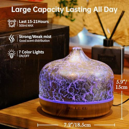 Porseme 500ml Glass Essential Oil Diffuser Aromatherapy Ultrasonic Cool Mist Humidifier 15-21 Running Hours Waterless Auto-Off Air Diffusers for Sleeping Yoga Working Spa(Silver Plated)