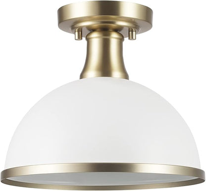 Globe Electric 66000037 1-Light Semi-Flush Mount Ceiling Light, Matte White, Brass Accents, Bedroom Lighting Fixtures Ceiling, Dining Room Fixture, Timeless Lighting for Hallway or Dining Room