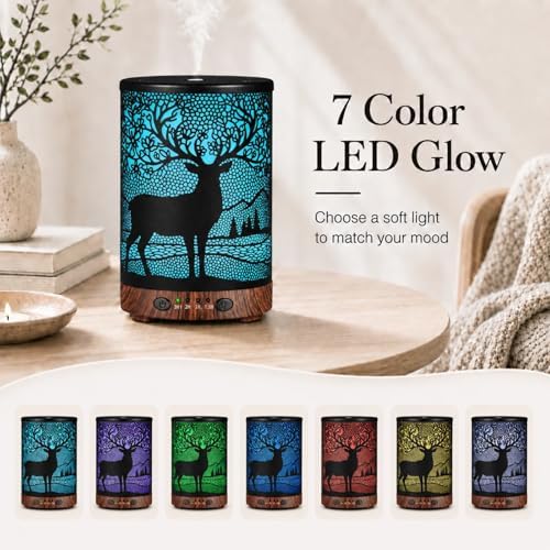 Essential Oil Diffuser 120ML Metal Aromatherapy Diffuser with Timer, Cool Mist Humidifier with Auto Shut-Off & 7 Color Lights for Home Office Spa (Forest Deer)