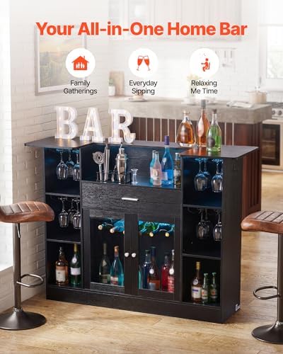 VEVOR Home Bar Unit, Wine Bar Cabinet Table 4-Tier with Storage Drawer Shelves, Wine Glass Holder, Bottle Rack, LED Light, Wood & Metal Liquor Cabinet for Home, Basement, Kitchen, Living Room, Black