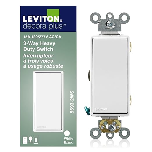 Leviton 15-Amp 120/277-Volt Decora Plus Rocker 3-Way AC Quiet Switch, 5693-2W, White