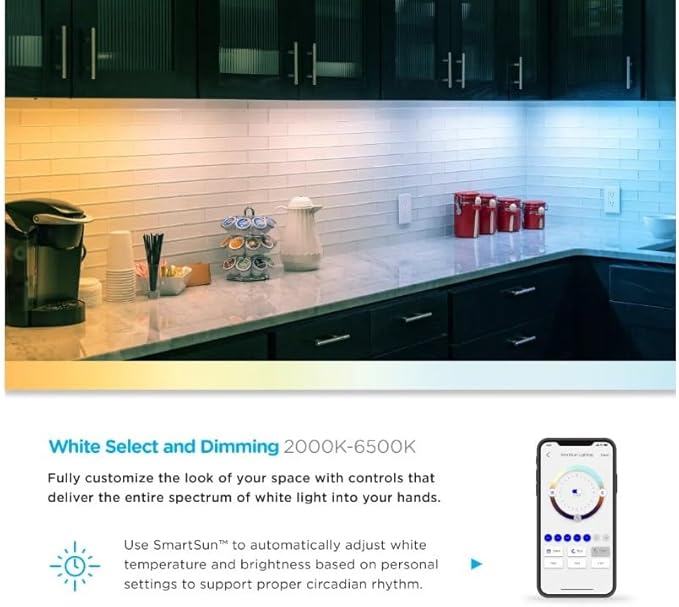 Enbrighten Vibe Plug-in Smart Under Cabinet Lights, 24in, Adjustable White from 2000K-6000K, Dimmable, Programmable Schedule Under Cabinet Lighting, Compatible with Alexa, Google Assistant, 58261-T1
