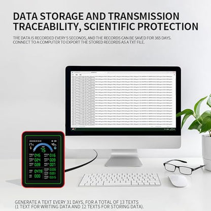 Indoor Air Quality Monitor Tester for Home Detects CO2 TVOC HCHO PM2.5 PM10 Temperature Humidity with Battery and Data Storage