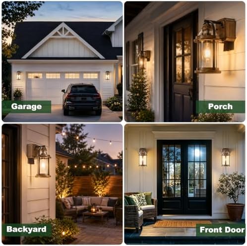 OKELI Dusk to Dawn Outdoor Wall Lights with GFCI Outlet, Waterproof Rustic Farmhouse Wall Lanterns with Clear Glass Shades, Anti-Rust Outside Fixture Lights for Garage Patio Porch, Wood Grain, 2 Pack
