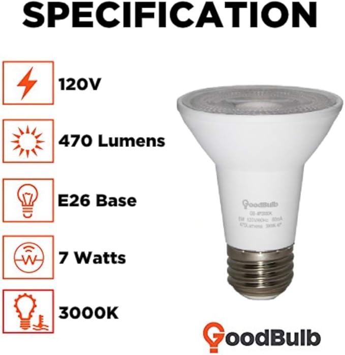GoodBulb Commercial Grade LED Light Bulb - 7 Watt & 470 Lumens - Features PAR20 Shape & E26 Base - 3000K Warm White Light - 120V Fully Dimmable Bulb - 4 Pack