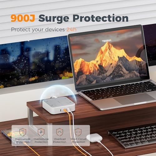 TESSAN Surge Protector Flat Extension Cord 5Ft, Flat Plug Power Strip