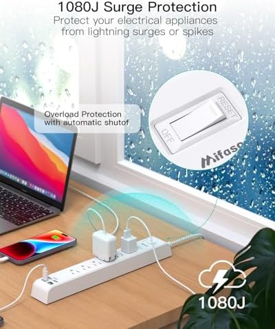 Mifaso 2 Pack Power Strip, 5FT Flat Plug Extension Cord, Surge Protector