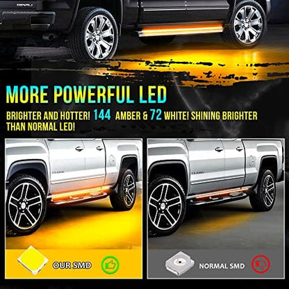Led Running Board Lights for Trucks Amber Side Marker Kit, White Courtesy Light Extended Crew Cab 2pc 70Inch 216 Led Bar Bed Switchback Underglow Strip for Pickup Truck SUV Cars Work Van (1070)