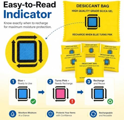 6×100g Reusable Silica Gel Desiccant Packs, Rechargeable & Color Changing