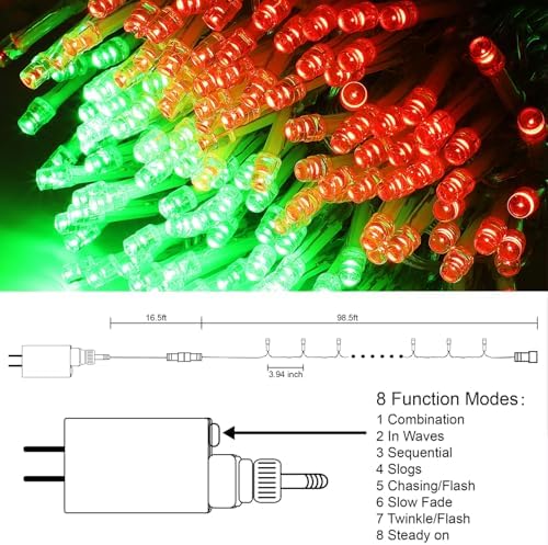 LJLNION 300 LED Christmas Lights, Extra Long 98.5FT Xmas String Lights Outdoor Indoor, 8 Lighting Modes, Plug in Waterproof Fairy Lights for Wedding Party Bedroom Decorations (Red & Green)