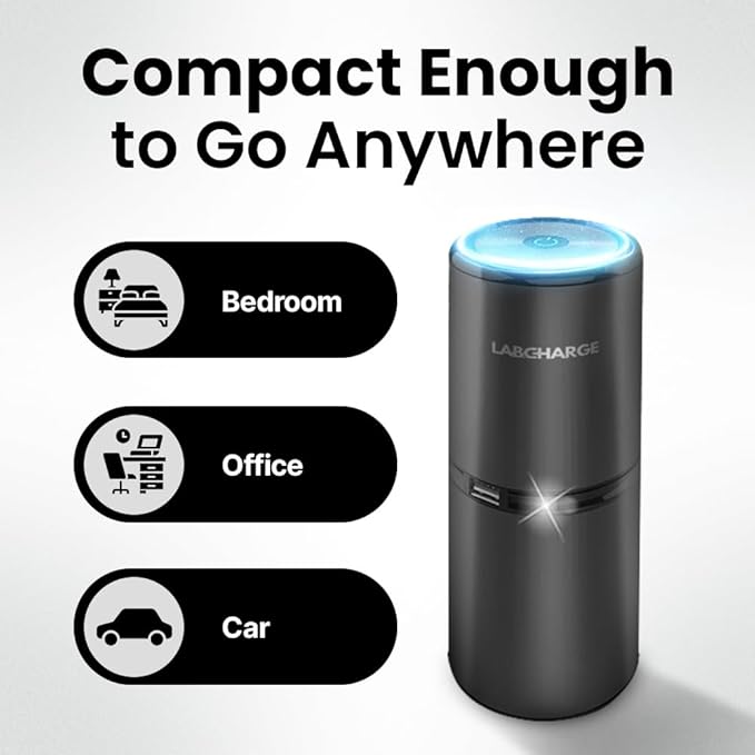 LabCharge Compact Air Purifier - Covers 250 Sq Ft - Ideal for Bedroom or Dorm Room - Silent HEPA Filter - Portable, Mini Air Purifier for Small Spaces
